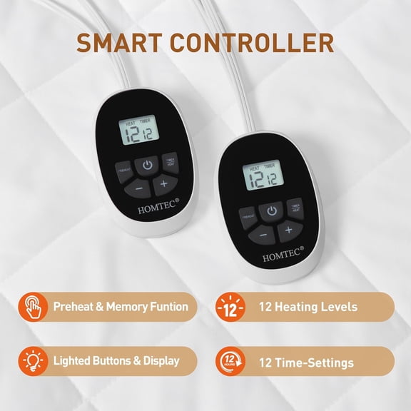 California King Heated Mattress Pad with Dual Zone Control, 12 Heat Settings & Timer