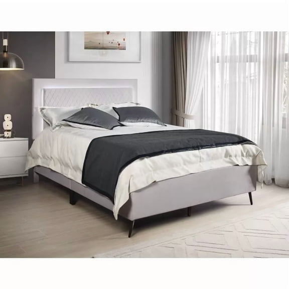 California King LED Platform Bed Frame with Adjustable Headboard, Light Gray