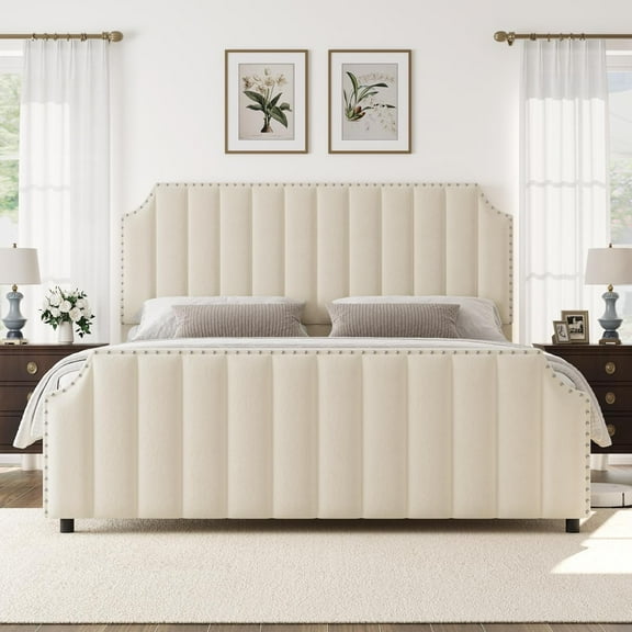 California King Platform Bed Frame, Upholstered with 50.2" Tall Velvet Headboard & Footboard, Vertical Tufting and Nailhead Trim, No Box Spring Required, Cream