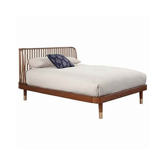 California King Platform Bed with Slat Back Rattan Headboard Brown