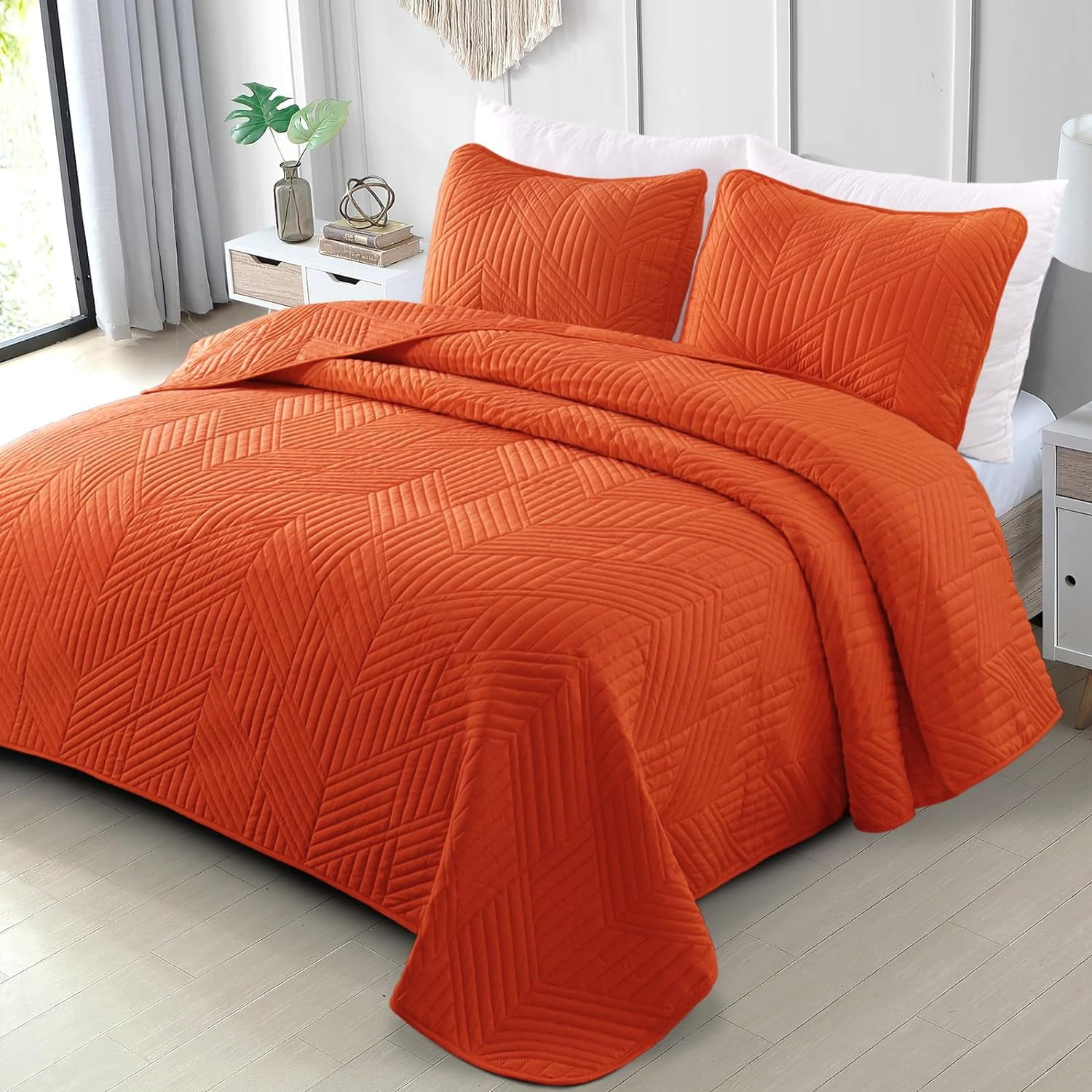 California King Quilt Bedding Set, Lightweight Burnt Orange Oversized