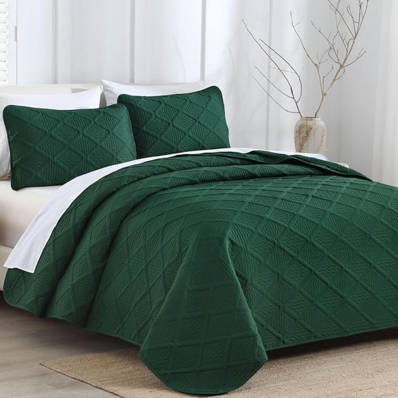 California King Quilt Set, Emerald Green Oversized Bedspread Bedding Set, Lightweight Diamond Pattern Soft Microfiber Modern Style Coverlet with 2 Pillow Shams 112x104 inch