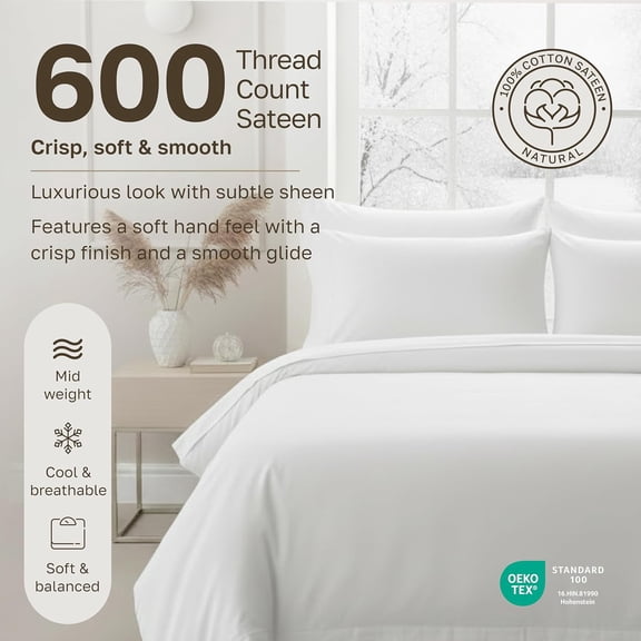California King Sheet Set - Luxury 600 Thread Count Cotton Sateen, Deep Pocket Sheets with All Around Elastic for a Snug Fit, Hotel Quality Bedding Set - White