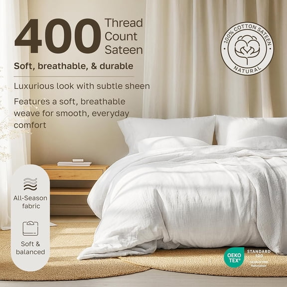 California King Sheet Sets - Soft 400 Thread Count, Natural Cotton Sateen Sheets, Deep Pockets with All Around Elastic for a Snug Fit, Bedding - White