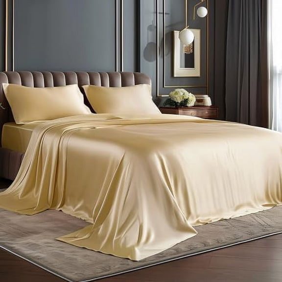 California King Sheets Set, Luxury Soft Champagne Satin Sheets for Hair and Skin, Similar to Silk Bed Sheets Set 4 Pieces with 1 Deep Pocket Fitted Sheet, 1 Flat Sheet, and 2 Pillowcases
