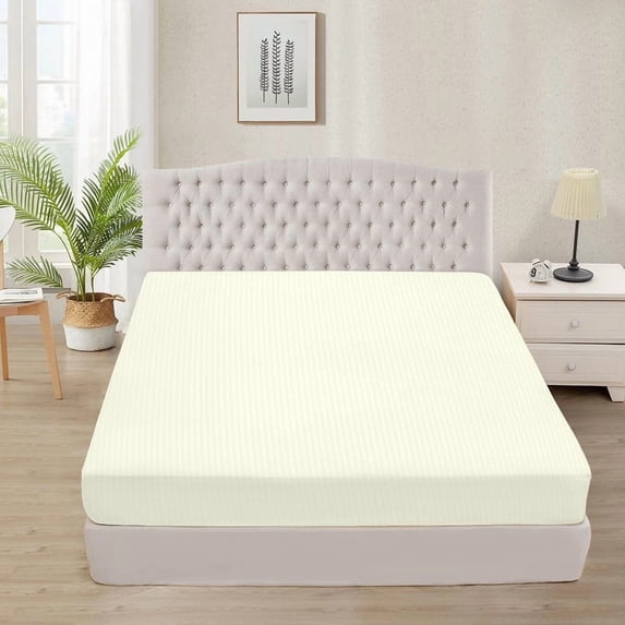 California King Size 1-Piece Fitted Sheet – 800 Thread Count, 100% Egyptian Cotton, Ivory Stripe Pattern, 27-Inch Deep Pocket Soft & Breathable