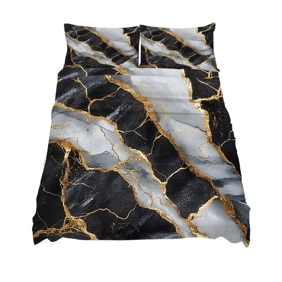 California King Size Abstract Marble Sheet Sets Black Gold Crack Texture Impressionist Soft Breathable Microfiber Bed Sheets 4 Piece Bed Sheets Set, 1 Fitted Sheet, 1 Flat Sheet & 2 Pillowcases