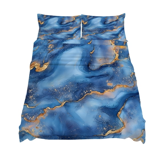 California King Size Abstract Marble Sheet Sets Blue Gradient Gold Wave Texture Art Soft Breathable Microfiber Bed Sheets 4 Piece Bed Sheets Set, 1 Fitted Sheet, 1 Flat Sheet & 2 Pillowcases