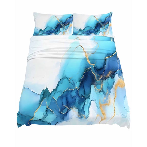 California King Size Abstract Marble Texture Sheet Sets Blue Gold Gradient Modern Art Decoration Soft Microfiber Bed Sheets 4 Piece Bed Sheets Set, 1 Fitted Sheet, 1 Flat Sheet & 2 Pillowcases