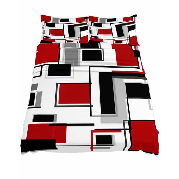 California King Size Abstract Space Design Sense Sheet Sets Red Black Stitching Suqare Soft Breathable Microfiber Bed Sheets 4 Piece Bed Sheets Set, 1 Fitted Sheet, 1 Flat Sheet & 2 Pillowcases