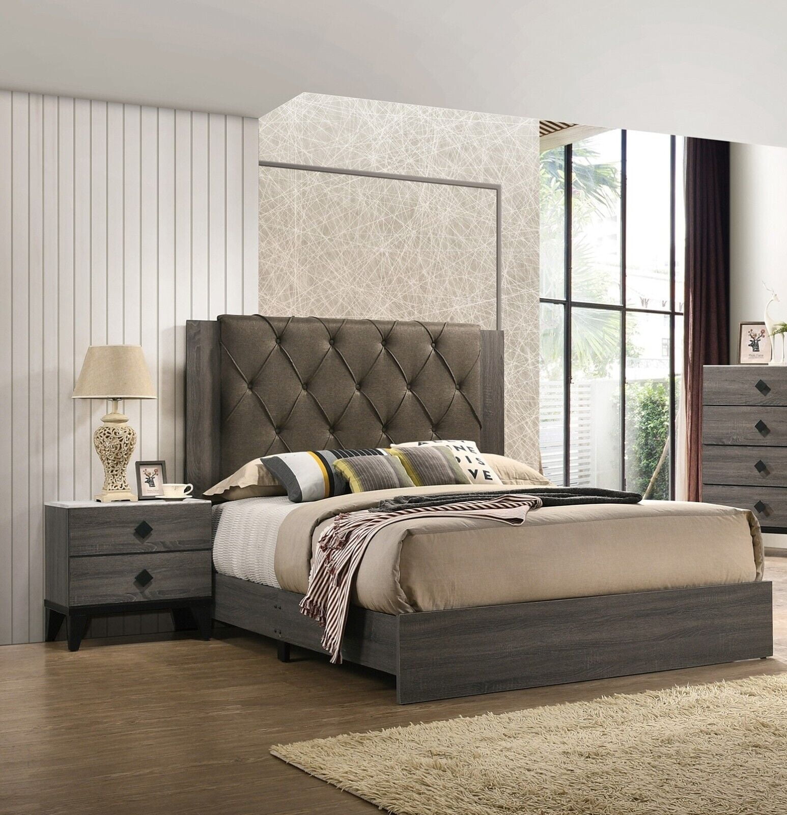 California King Size Bed And 2x Nightstands Gray Color Transitional Style Wooden Bedroom Tufted