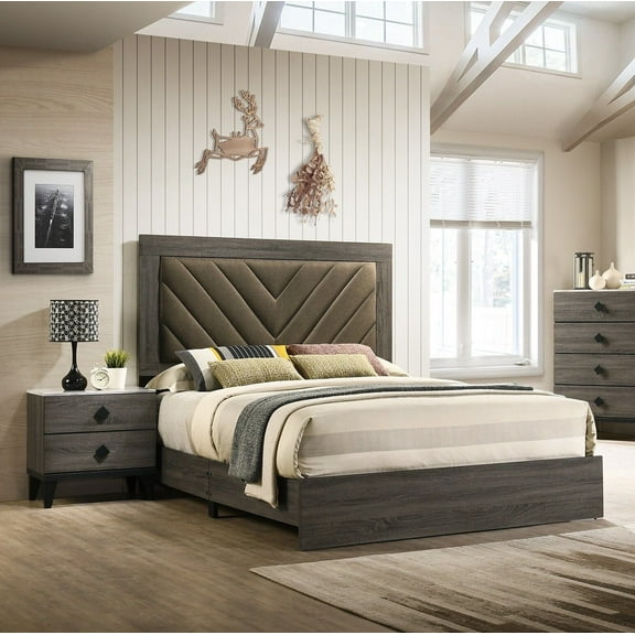 California King Size Bed And 2x Nightstands Gray Finish Transitional Wooden Bedroom Tufted Headboard Bedframe 3pc Furniture Set