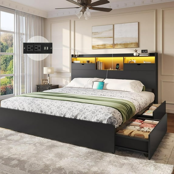 California King Size Bed Frame with Bookcase Headboard and Charging Station, Wooden Platform Bed Frame with LED Lights and 4 Drawers,California King Beds for Bedroom, No Box Spring Required, Black
