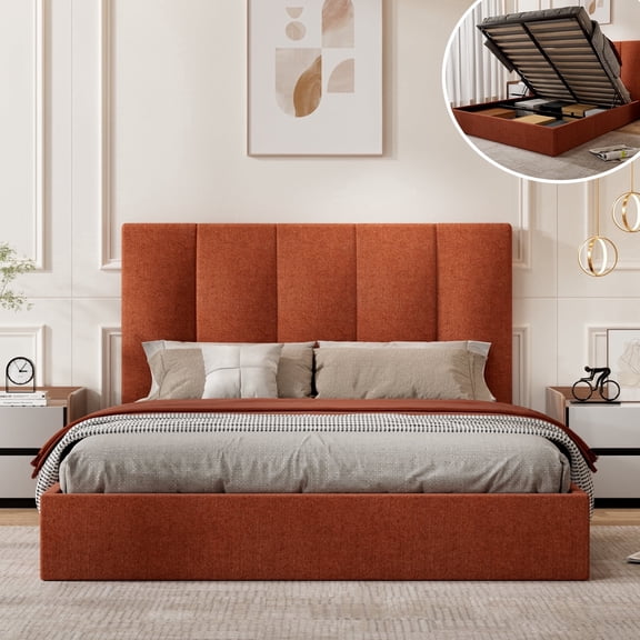 California King Size Bed Frame with Lift Up Storage, Upholstered Platform Bed with Vertical Channel Headboard, No Box Spring Needed, Hydraulic Storage, Orange Linen