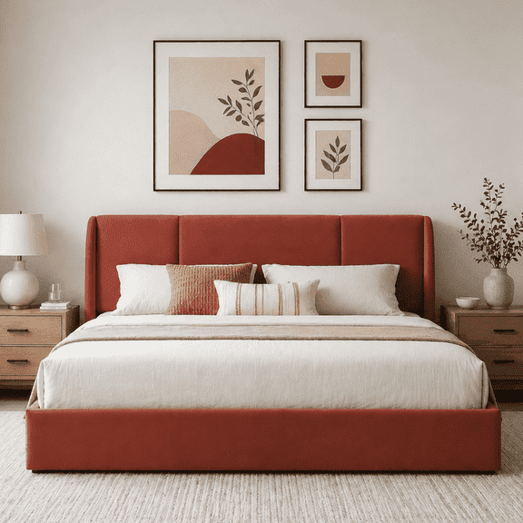 California King Size Bed Frame with Lift Up Storage, Velvet-Look Upholstered Wingback Platform Bed with Vertical Channel Headboard, No Box Spring Needed, Hydraulic Storage, Terracotta Red