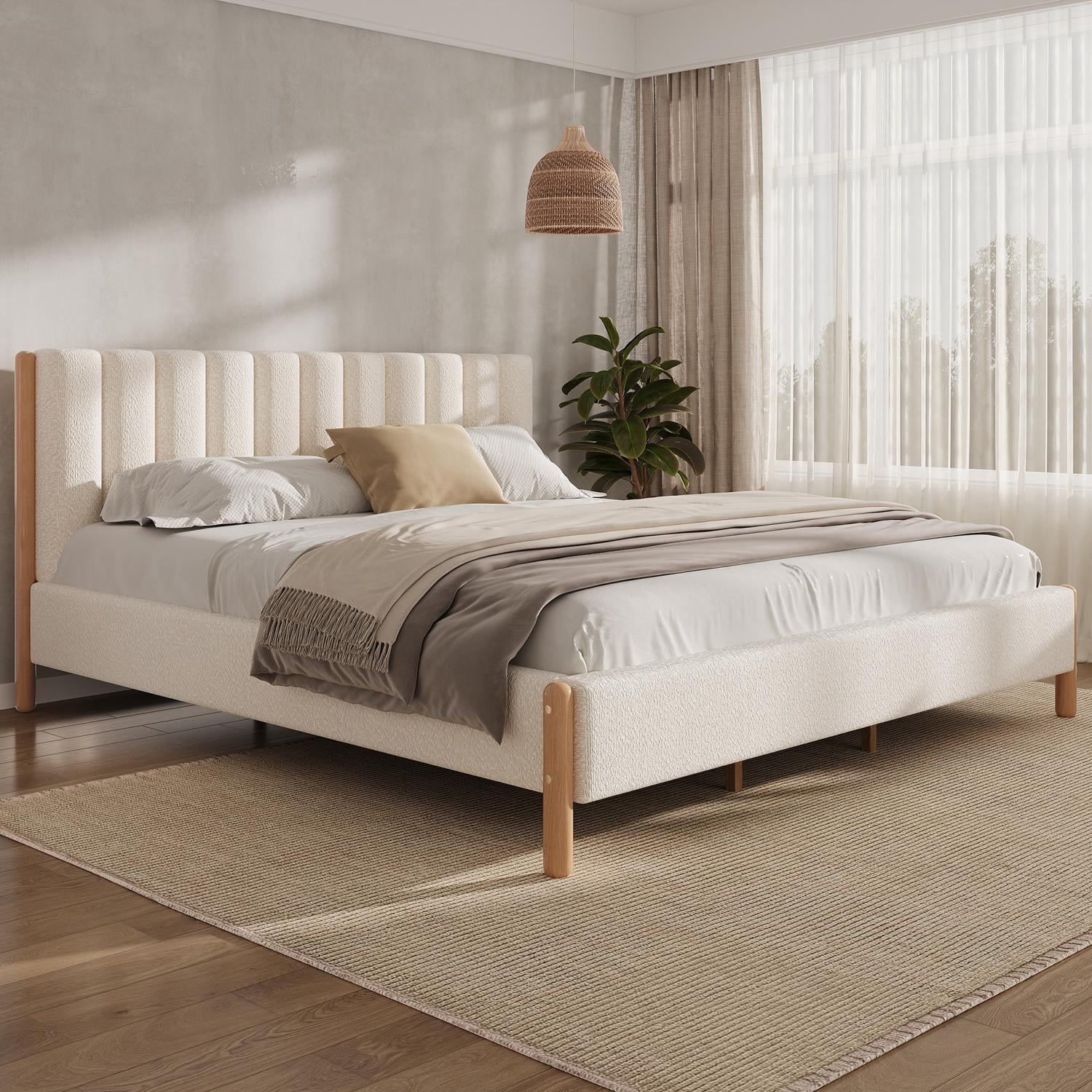 California King Size Bed Frame with Boucle Upholstered Thick Headboard & Solid Wood Legs, Platform Bed for Bedroom, White