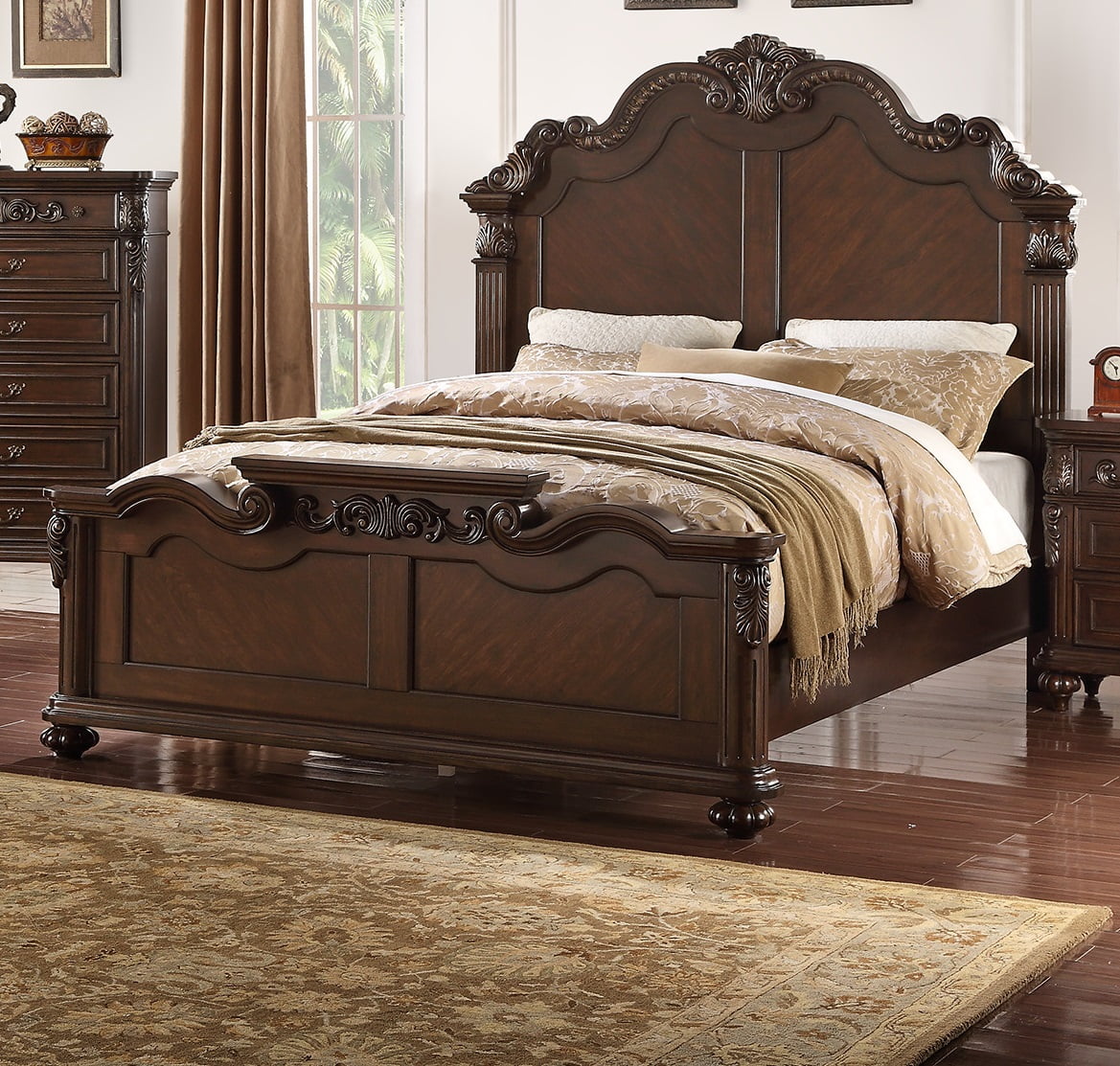 California King Size Bed Unique Carving HB FB Dark Brown Wooden