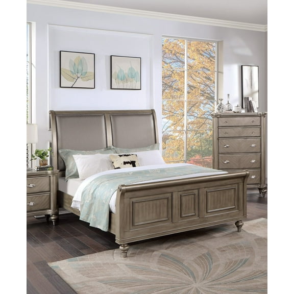 California King Size Bed Upholstered HB 1pc Set Bedroom Furniture Luxury Classic Grey Finish Wooden Bedframe Unique Design FB