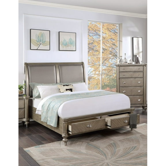 California King Size Bed w/2 Underbed Drawers 1pc Set Bedroom Furniture Luxury Classic Grey Finish Wooden Bedframe