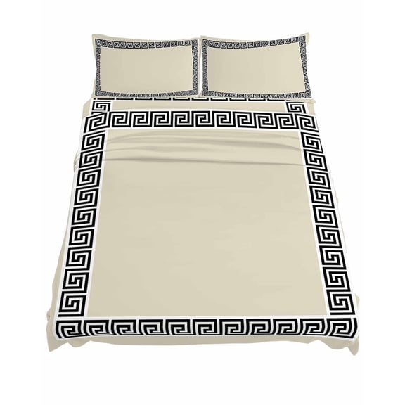 California King Size Beige Sheet Sets Greek Chinese Style Border Geometric Soft Breathable Microfiber Bed Sheets Deep Pockets 4 Piece Bed Sheets Set, 1 Fitted Sheet, 1 Flat Sheet & 2 Pillowcases