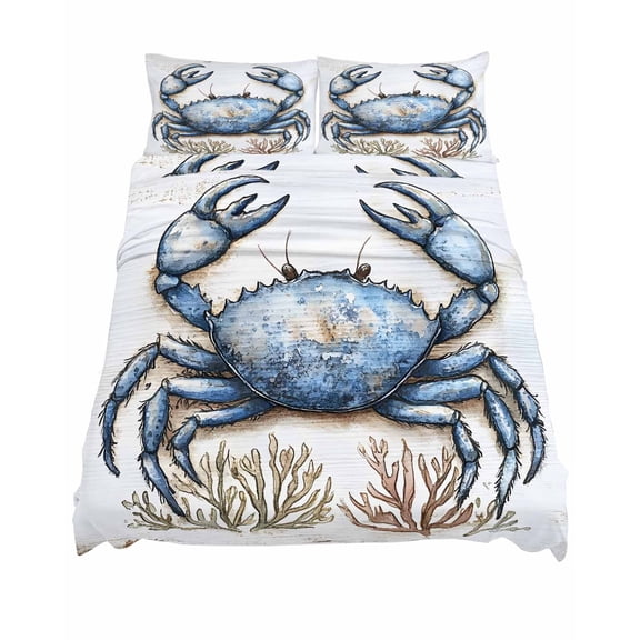 California King Size Blue Crab Sheet Sets Ocean Coral Vintage Nautical Soft Breathable Microfiber Bed Sheets Deep Pockets 4 Piece Bed Sheets Set, 1 Fitted Sheet, 1 Flat Sheet & 2 Pillowcases