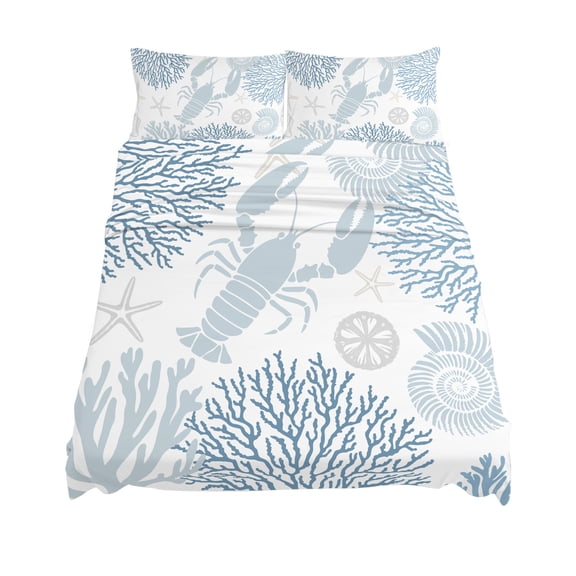 California King Size Blue Lobster Sheet Sets Ocean Starfish Coral Shell Marine Life Soft Breathable Microfiber Bed Sheets 4 Piece Bed Sheets Set, 1 Fitted Sheet, 1 Flat Sheet & 2 Pillowcases
