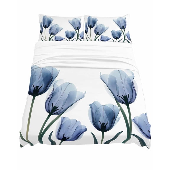 California King Size Blue Tulips Sheet Sets Flowers Minimalist Modern Art Soft Breathable Microfiber Bed Sheets Deep Pockets 4 Piece Bed Sheets Set, 1 Fitted Sheet, 1 Flat Sheet & 2 Pillowcases