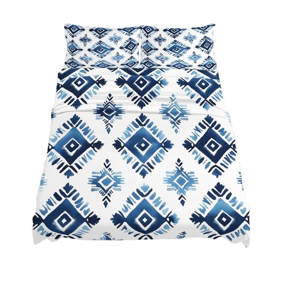California King Size Bohemia Sheet Sets Blue Argyle Pattern Ethnic Style Retro Abstract Soft Breathable Microfiber Bed Sheets 4 Piece Bed Sheets Set, 1 Fitted Sheet, 1 Flat Sheet & 2 Pillowcases