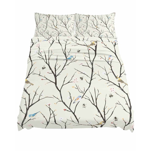 California King Size Branch Flower Sheet Sets Bee Bird Bud Retro Soft Breathable Microfiber Bed Sheets Deep Pockets 4 Piece Bed Sheets Set, 1 Fitted Sheet, 1 Flat Sheet & 2 Pillowcases
