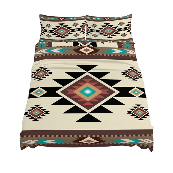 California King Size Brown Ethnic Pattern Sheet Sets Retro Bohemian Square Abstract Geometric Soft Microfiber Bed Sheets 4 Piece Bed Sheets Set, 1 Fitted Sheet, 1 Flat Sheet & 2 Pillowcases