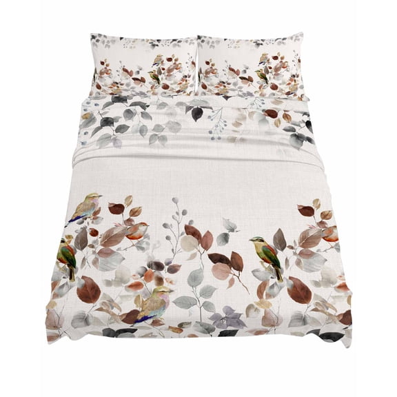 California King Size Brown Eucalyptus Leaves Sheet Sets Watercolors Grey Plants Birds Linen Soft Breathable Microfiber Bed Sheets 4 Piece Bed Sheets Set, 1 Fitted Sheet, 1 Flat Sheet & 2 Pillowcases