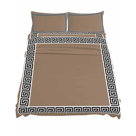 California King Size Brown Sheet Sets Greek Chinese Style Border Geometric Soft Breathable Microfiber Bed Sheets Deep Pockets 4 Piece Bed Sheets Set, 1 Fitted Sheet, 1 Flat Sheet & 2 Pillowcases