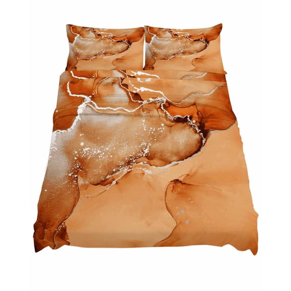 California King Size Burnt Orange Abstract Sheet Sets Silver Marble Ripples Luxury Fluid Art Soft Breathable Microfiber Bed Sheets 4 Piece Bed Sheets Set, 1 Fitted Sheet, 1 Flat Sheet & 2 Pillowcases