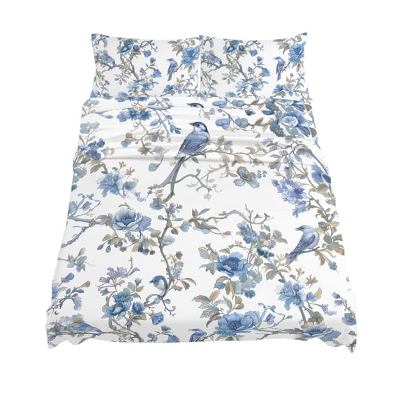 California King Size Chinese Style Sheet Sets Blue Flowers and Birds Figure Soft Breathable Microfiber Bed Sheets Deep Pockets 4 Piece Bed Sheets Set, 1 Fitted Sheet, 1 Flat Sheet & 2 Pillowcases