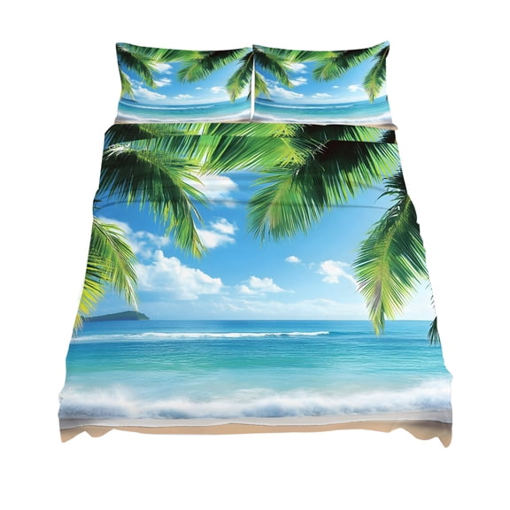 California King Size Coconut Tree Sheet Sets Tropical Beach Sky Sea Summer Scenery Soft Breathable Microfiber Bed Sheets 4 Piece Bed Sheets Set, 1 Fitted Sheet, 1 Flat Sheet & 2 Pillowcases