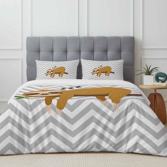 California King Size Duvet Cover 4 Piece Bedding Set Cartoon Sloth Tree Branch Bed Sheet Sets Soft Microfiber Comforter Cover with Flat Sheet 2 Pillow Shams