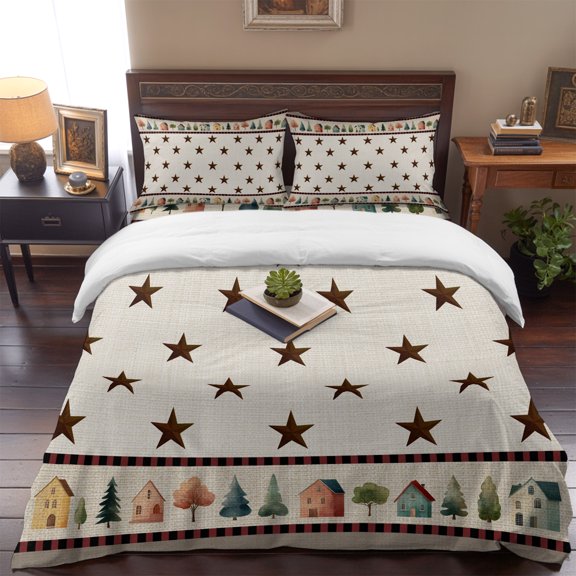 California King Size Duvet Cover 4 Piece Bedding Set Rustic Country Towns Illustration Bed Sheet Sets Soft Microfiber Comforter Cover with Flat Sheet 2 Pillow Shams