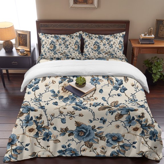 California King Size Duvet Cover 4 Piece Bedding Set Summer Flower Leaves Rattan Bed Sheet Sets Soft Microfiber Comforter Cover with Flat Sheet 2 Pillow Shams