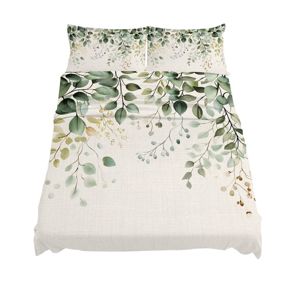 California King Size Eucalyptus Leaf Sheet Sets Country Plant Linen Texture Soft Breathable Microfiber Bed Sheets Deep Pockets 4 Piece Bed Sheets Set, 1 Fitted Sheet, 1 Flat Sheet & 2 Pillowcases