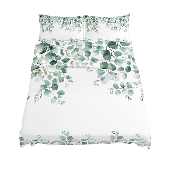 California King Size Eucalyptus Leaves Sheet Sets Vines Branch Plants Watercolor Soft Breathable Microfiber Bed Sheets 4 Piece Bed Sheets Set, 1 Fitted Sheet, 1 Flat Sheet & 2 Pillowcases