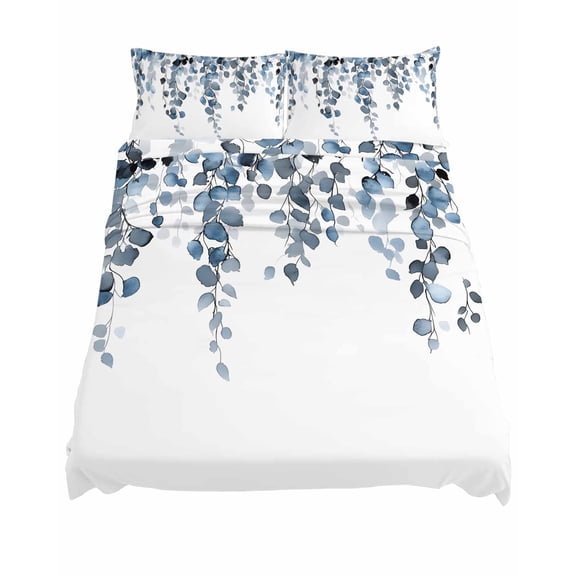 California King Size Eucalyptus Leaves Sheet Sets Watercolor Light Blue Leaf Soft Breathable Microfiber Bed Sheets Deep Pockets 4 Piece Bed Sheets Set, 1 Fitted Sheet, 1 Flat Sheet & 2 Pillowcases