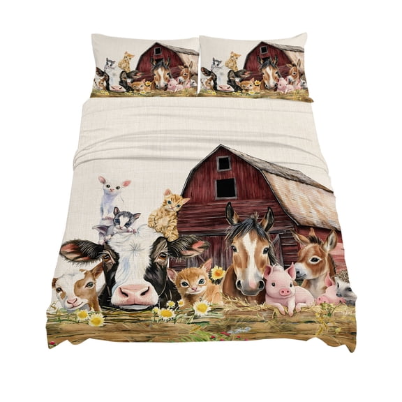 California King Size Farm Sheet Sets Barn Horse Sheep Cat Animal Country Retro Linen Background Soft Microfiber Bed Sheets 4 Piece Bed Sheets Set, 1 Fitted Sheet, 1 Flat Sheet & 2 Pillowcases