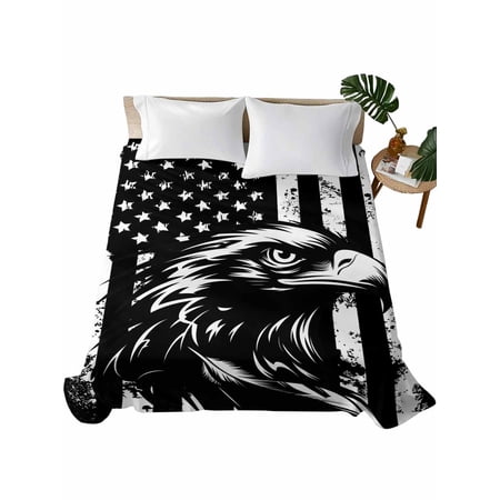 California King Size Flat Sheet Only, American Flag Soft Brushed Microfiber Bed Sheets, Black US Flag Eagle Hotel Quality Breathable Bedding Top Sheet, Easy Care, 108"x98"