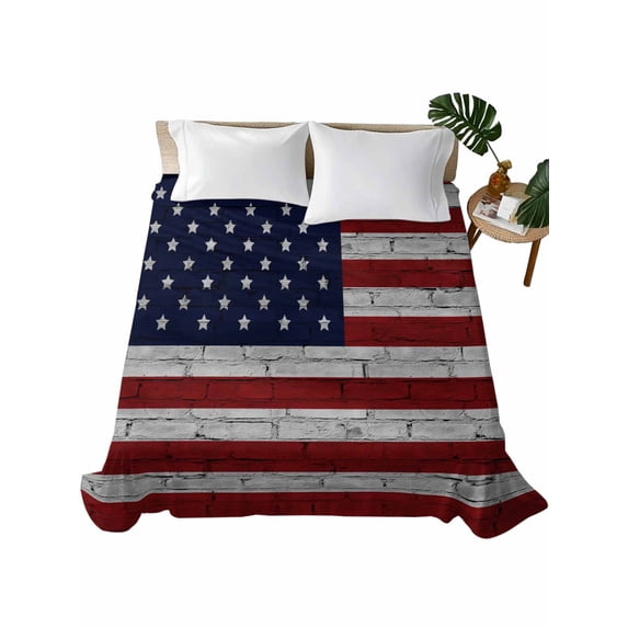 California King Size Flat Sheet Only, American Flag Soft Brushed Microfiber Bed Sheets, Vintage Brick Wall Star Striped Red Blue Hotel Quality Breathable Bedding Top Sheet, Easy Care, 108"x98"