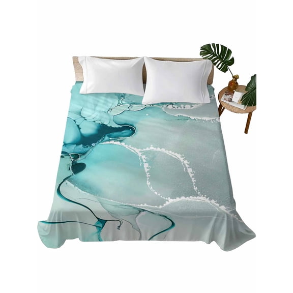 King Size Flat Sheet Only, Aqua Marble Soft Brushed Microfiber Bed Sheets, Modern Abstract Gradient Water Fluid Art Hotel Quality Breathable Bedding Top Sheet, Easy Care, 105"x98"