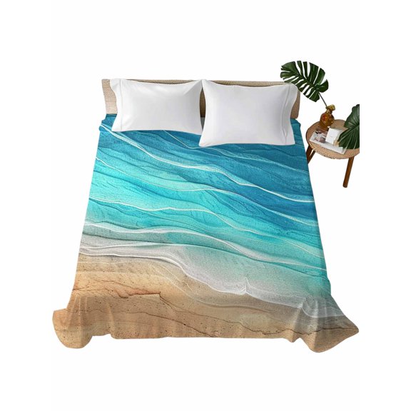 King Size Flat Sheet Only, Aqua Ombre Coastal Soft Brushed Microfiber Bed Sheets, Summer Nautical Beach Ocean Seaside Hotel Quality Breathable Bedding Top Sheet, Easy Care, 105"x98"
