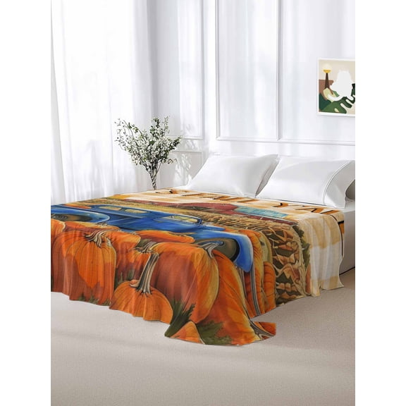 California King Size Flat Sheet Only,Autumn Watercolor Orange Pumpkin Truck Farmhouses Soft Top Bed Sheets Breathable Bedding Sheet Vintage Farm Microfiber Hotel Luxury Top Sheets