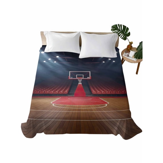 King Size Flat Sheet Only, Basketball Court Soft Brushed Microfiber Bed Sheets, Indoor Sports Field Scene Modern Hotel Quality Breathable Bedding Top Sheet, Easy Care, 105"x98"