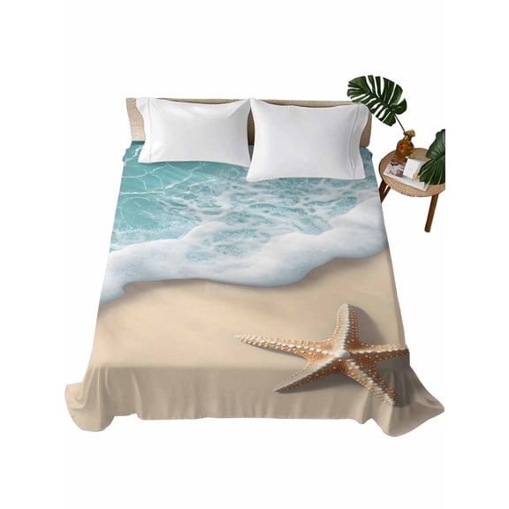 King Size Flat Sheet Only, Beach Coastal Soft Brushed Microfiber Bed Sheets, Summer Nautical Starfish Aqua Beige Hotel Quality Breathable Bedding Top Sheet, Easy Care, 105"x98"