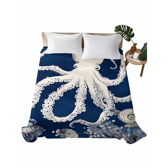 King Size Flat Sheet Only, Beige Octopus Coastal Soft Brushed Microfiber Bed Sheets, Navy Blue Nautical Ocean Coral Hotel Quality Breathable Bedding Top Sheet, Easy Care, 105"x98"